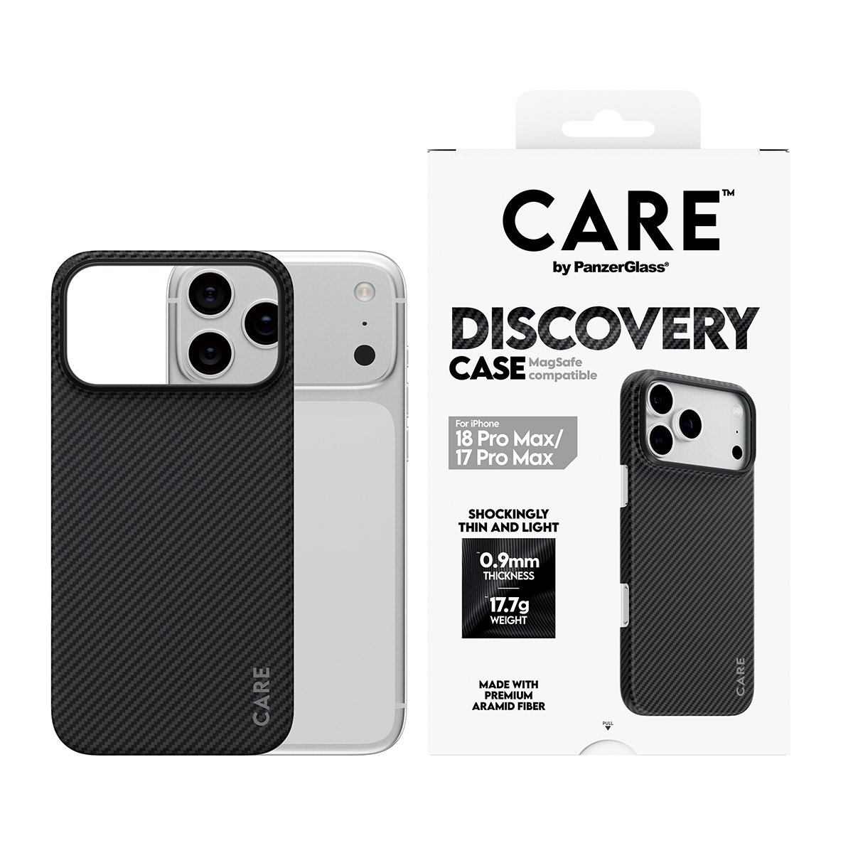 Ambalajının yanında karbon fiber dokulu iPhone için CARE Discovery telefon kılıfı.