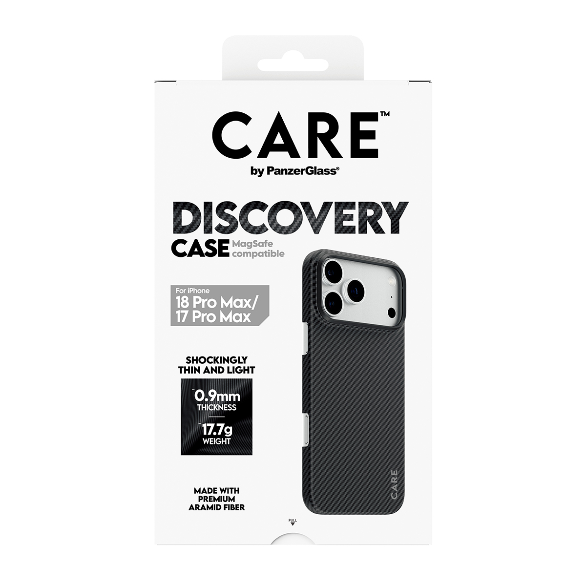 Beyaz arka planda karbon fiber dokuya ve teknik özelliklere sahip iPhone 18 Pro Max için CARE Discovery Kılıf kutusu.