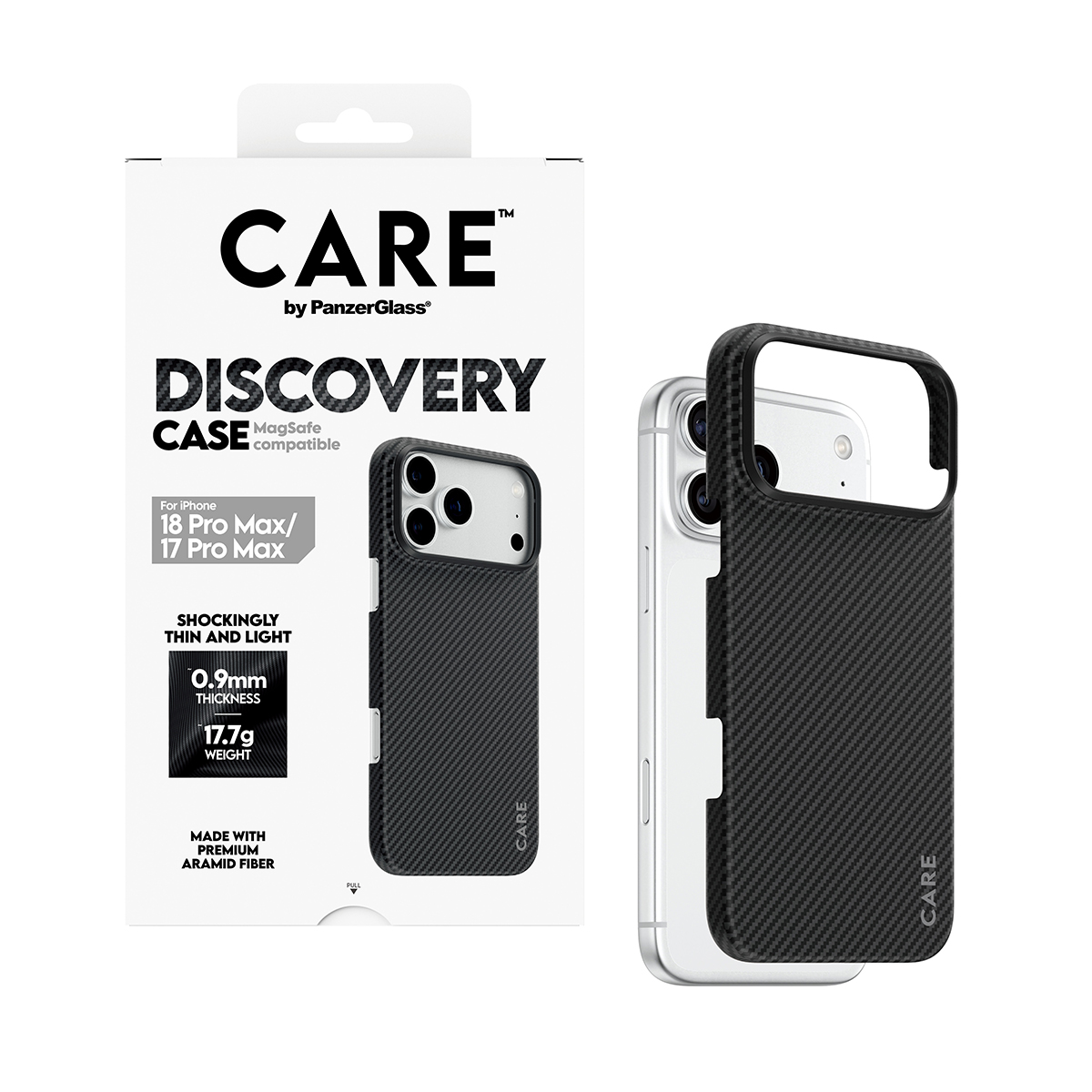 Beyaz ambalajının yanında siyah aramid fiber Care Discovery telefon kılıfı.