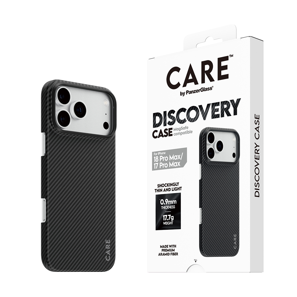 Siyah aramid fiber telefon kılıfı ve CARE by PanzerGlass Discovery Case yazılı beyaz kutu.