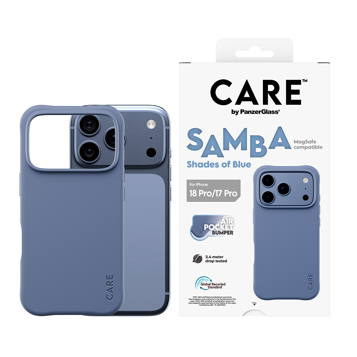 Ambalajıyla birlikte iPhone 18 Pro/17 Pro için mavi CARE Samba kılıfı.