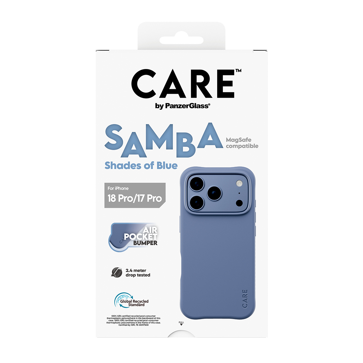 iPhone 18 Pro/17 Pro için mavi renkli CARE by PanzerGlass Samba telefon kılıfı ambalajı.