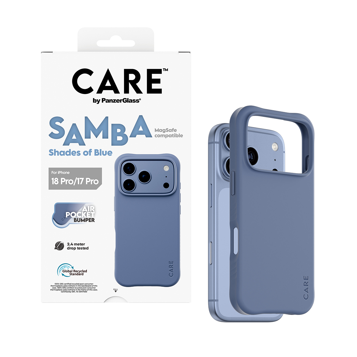 Ürün ambalajıyla birlikte mavi CARE Samba iPhone telefon kılıfı.
