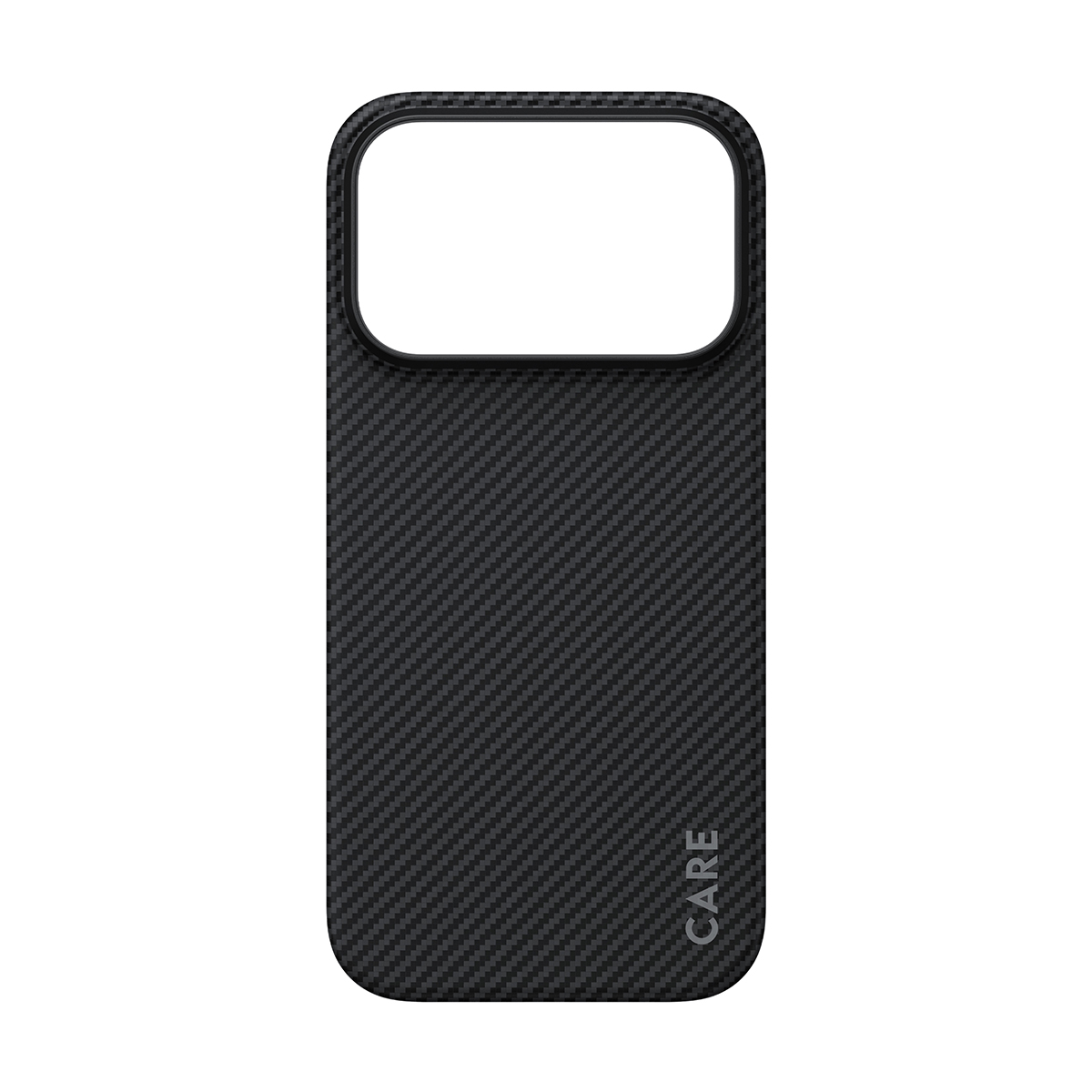 CARE yazılı siyah karbon desenli telefon kılıfı.