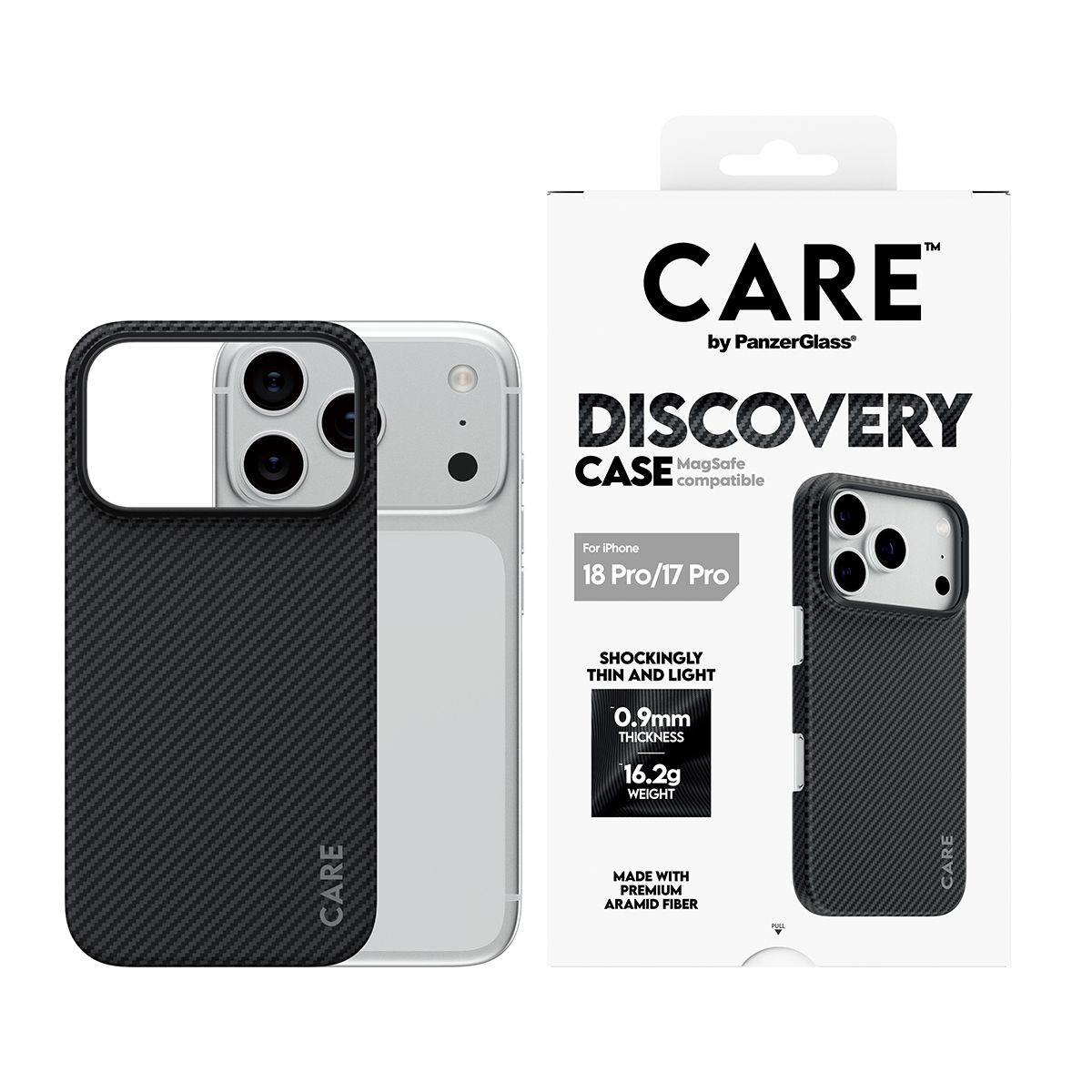 Beyaz ve siyah ambalajının yanında CARE Discovery karbon fiber iPhone kılıfı.