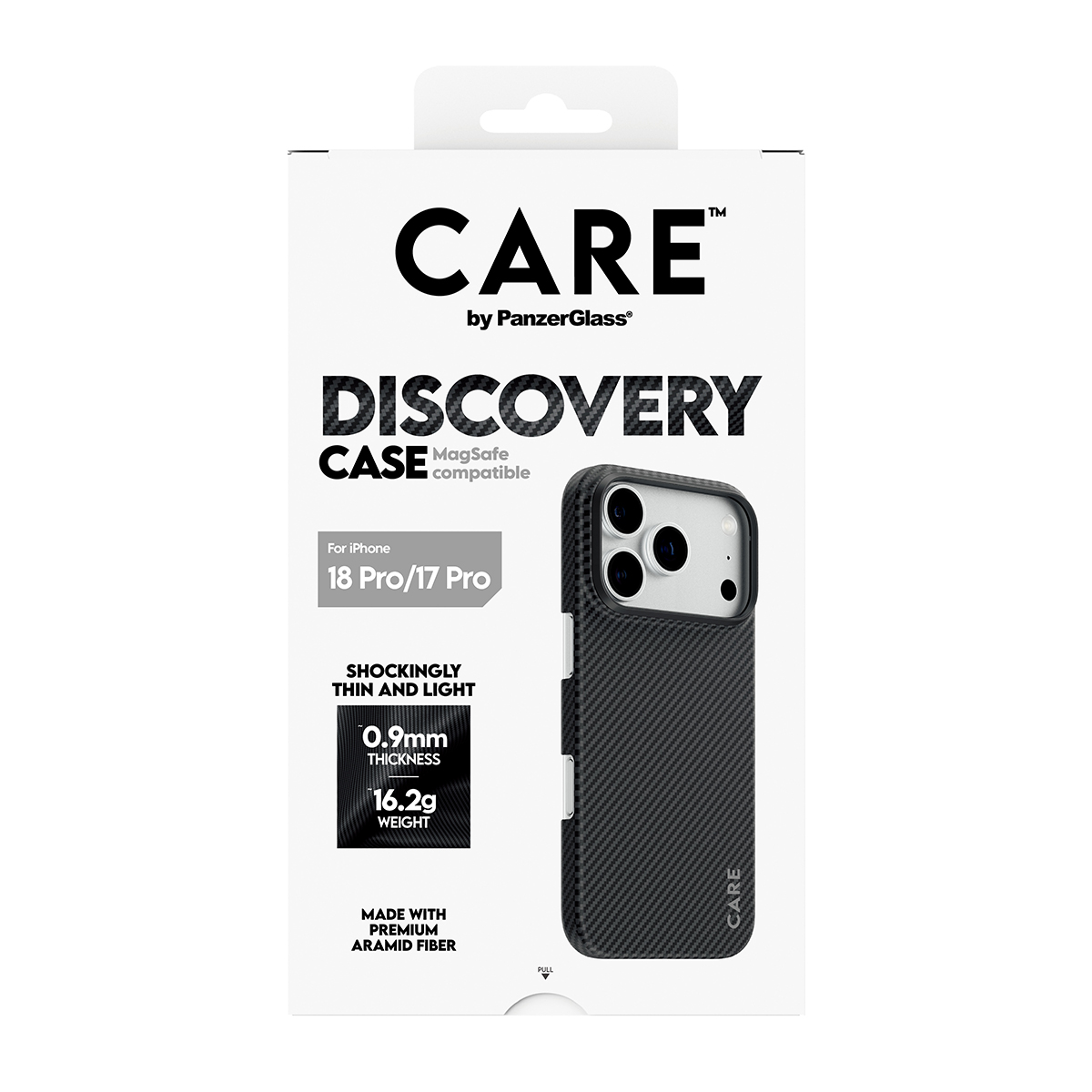 Siyah aramid fiber telefon kılıfı gösteren Discovery Case için beyaz CARE by PanzerGlass ambalajı.