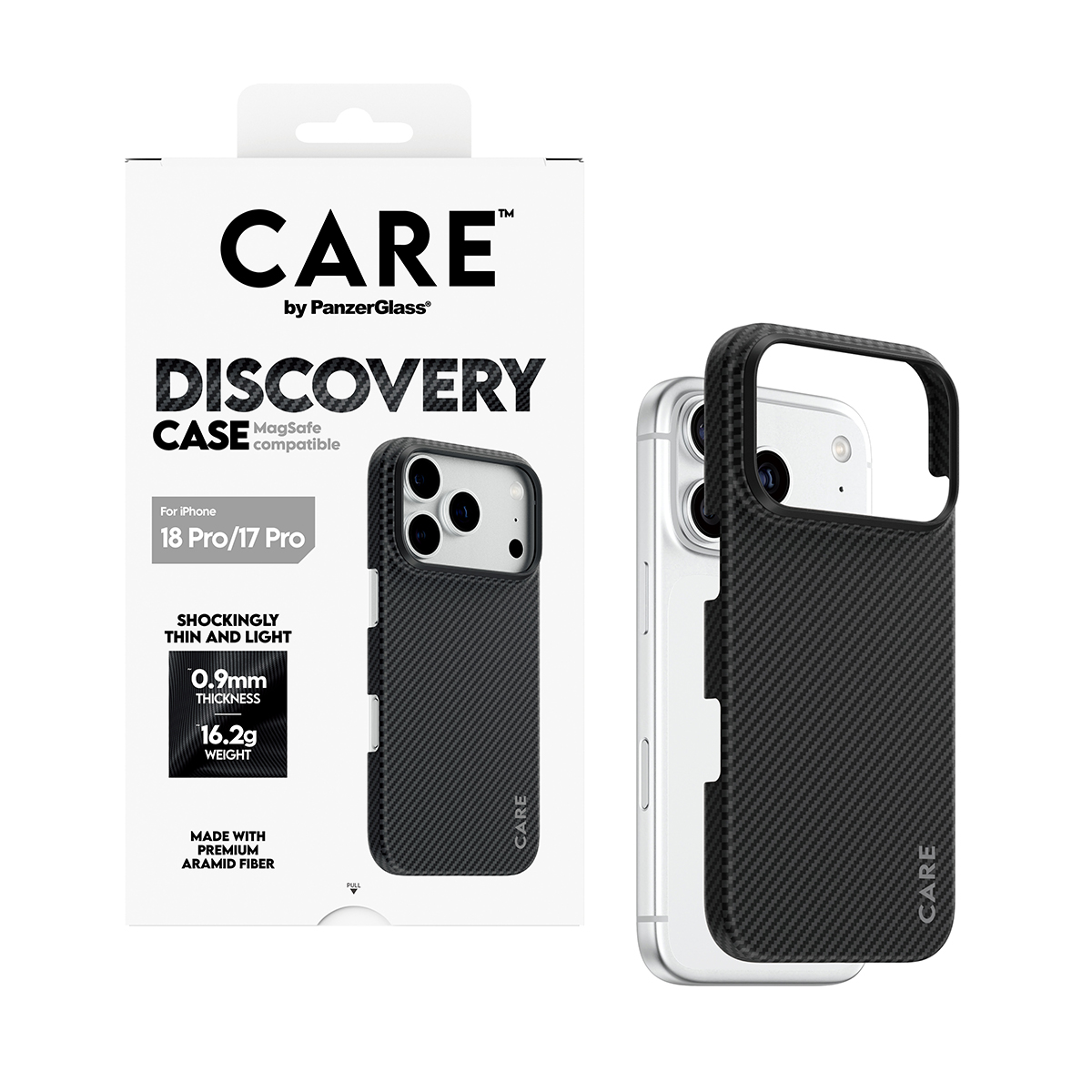 Siyah aramid fiber tasarımlı ve ürün ambalajlı iPhone için Care by PanzerGlass Discovery Kılıfı.