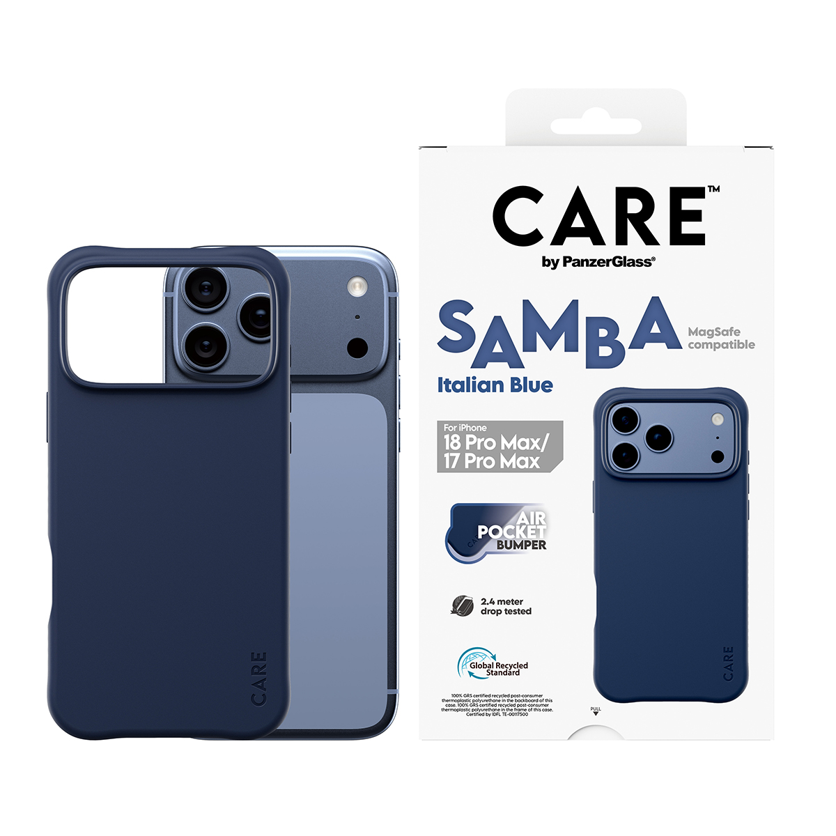 Ambalajıyla birlikte iPhone için mavi CARE Samba telefon kılıfı.