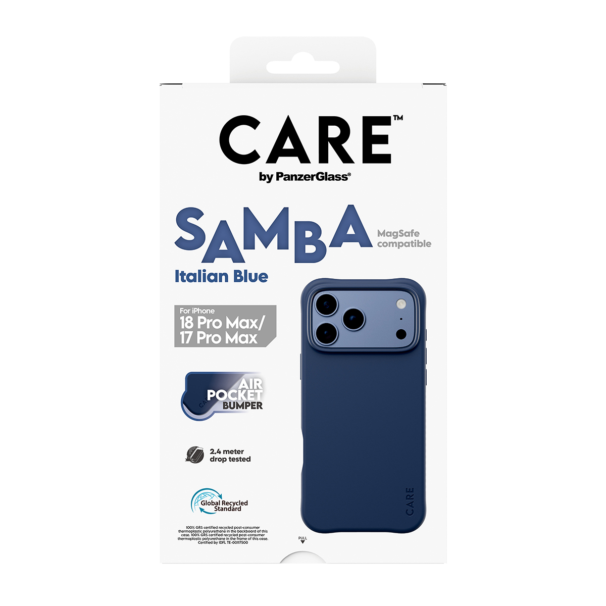 İtalyan Mavisi renkli Care by PanzerGlass Samba telefon kılıfı ambalajı, mavi kılıf ve detaylar.
