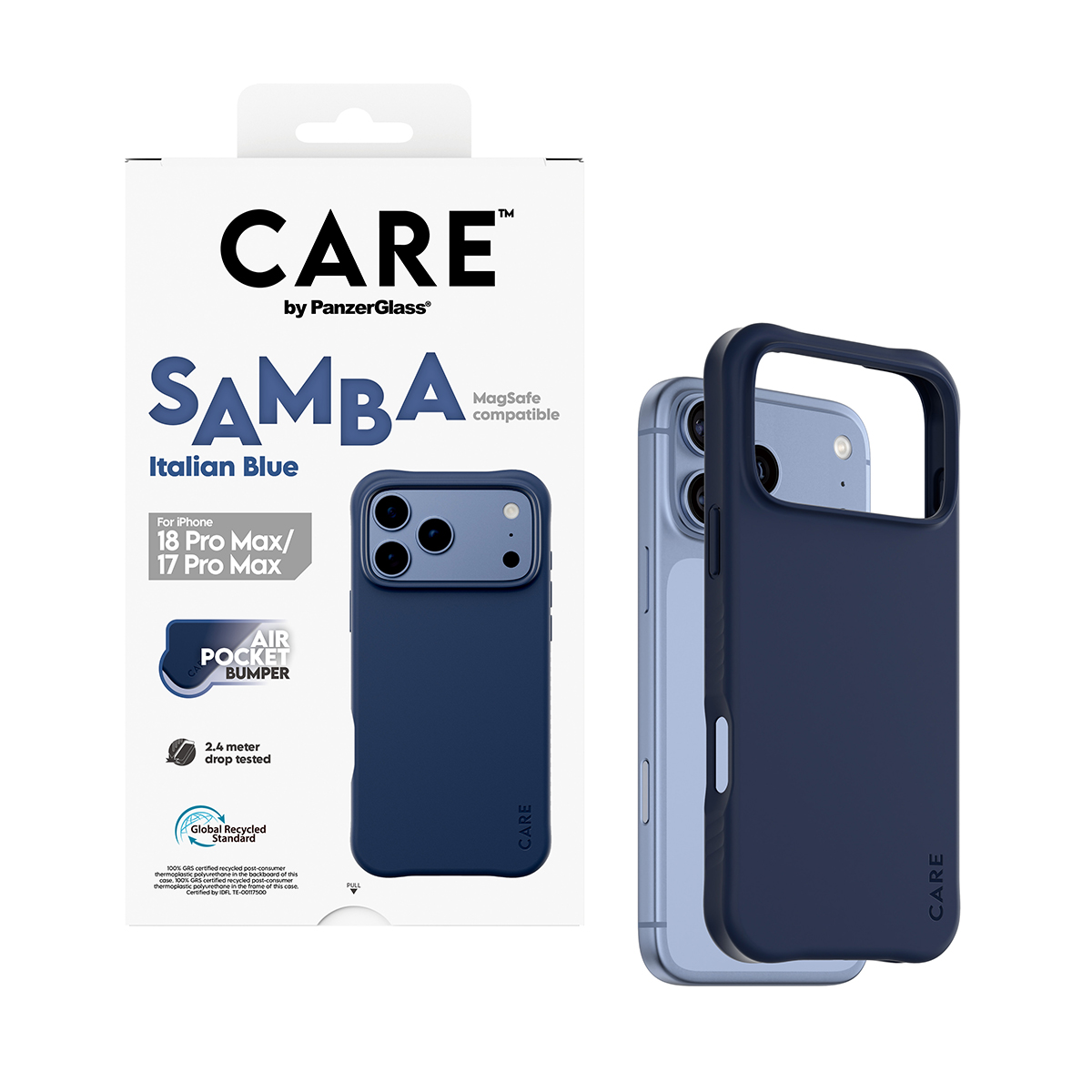 iPhone 18 Pro Max için mavi kılıflı CARE by PanzerGlass Samba telefon kılıfı ambalajı.