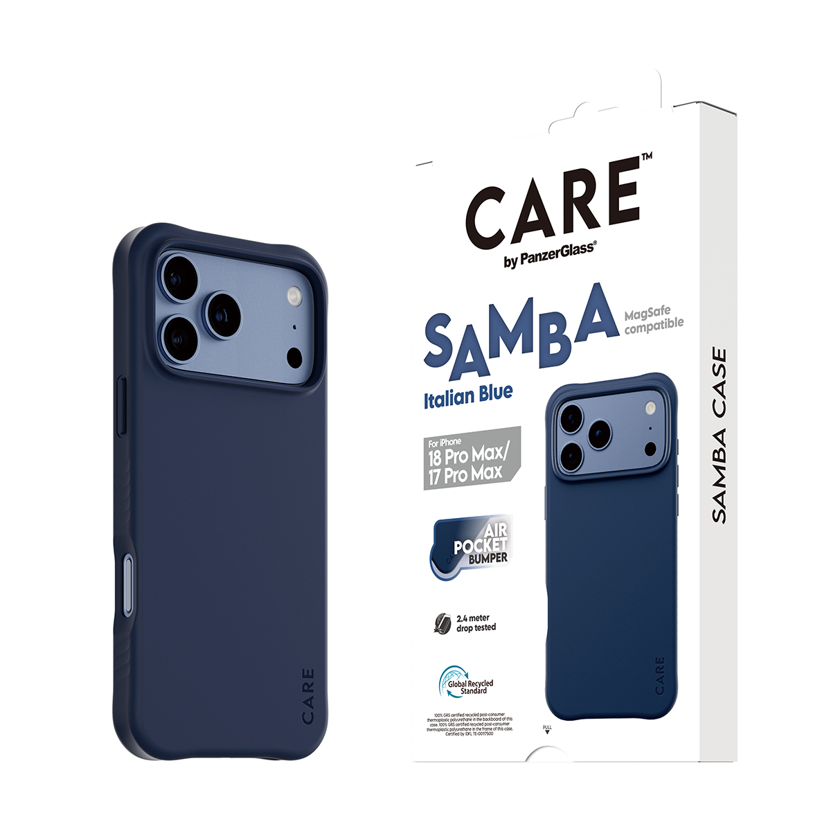 PanzerGlass marka CARE Samba mavi iPhone telefon kılıfı ve beyaz ambalaj kutusu.
