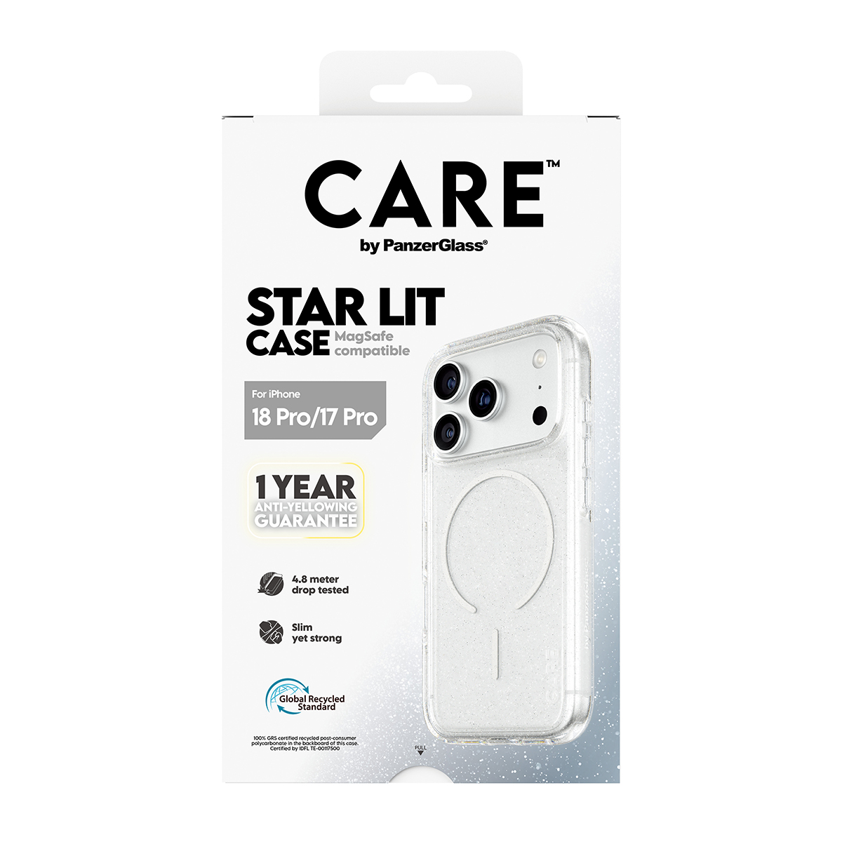 MagSafe uyumluluğuna sahip iPhone 18 Pro / 17 Pro için Care by PanzerGlass Star Lit Kılıf ambalajı.