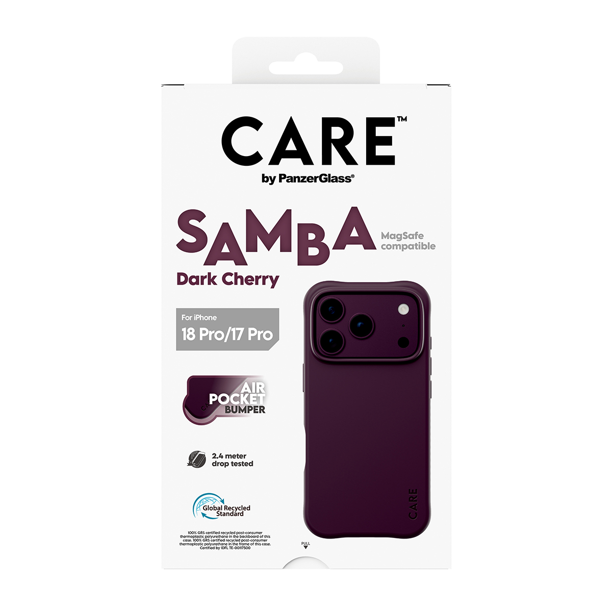iPhone için hava cepli tampona sahip koyu vişne rengi CARE by PanzerGlass Samba telefon kılıfı ambalajı.
