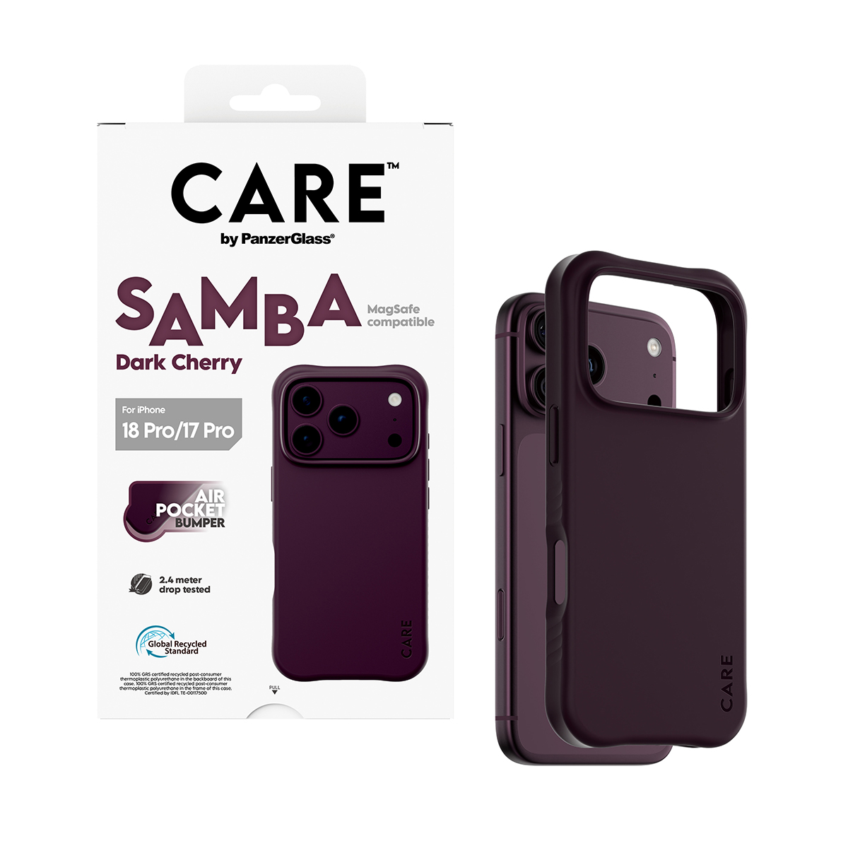 Ambalajının önünde sergilenen koyu vişne rengi Care by PanzerGlass Samba telefon kılıfı.