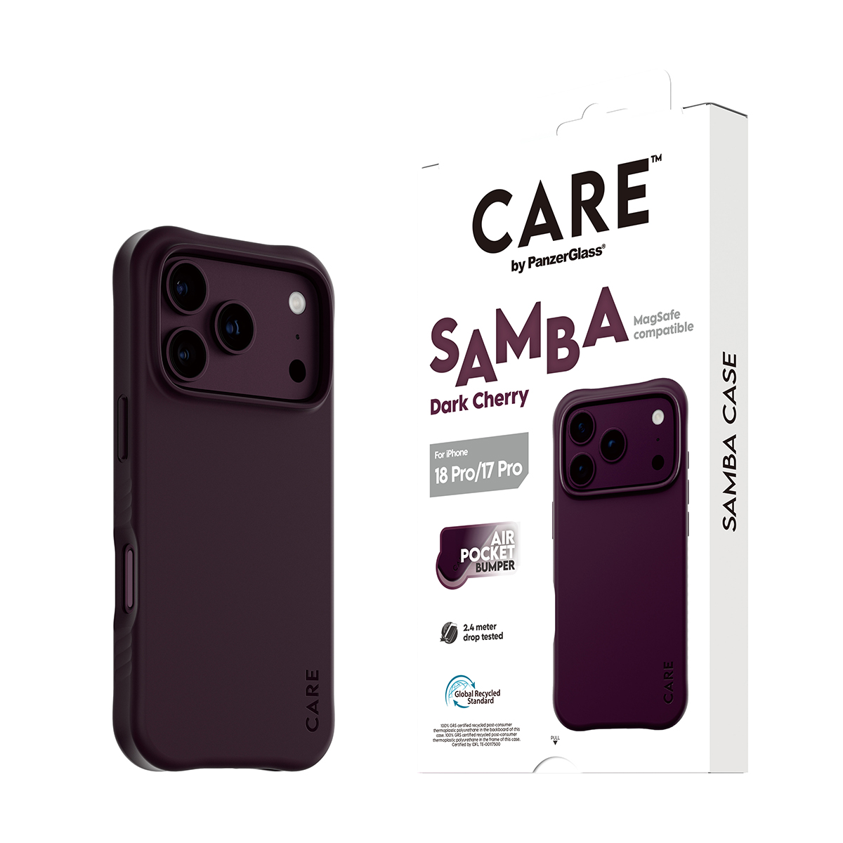 Koyu vişne çürüğü renginde PanzerGlass CARE Samba telefon kılıfı ve kutusu.