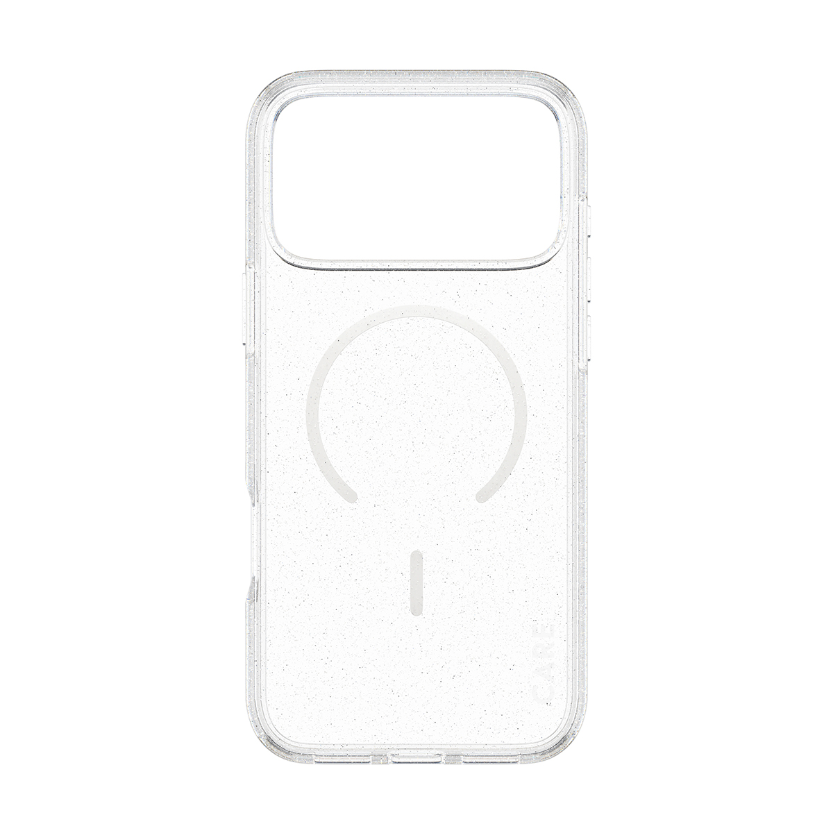 Arka tarafında dairesel MagSafe simgesi bulunan şeffaf, parıltılı akıllı telefon kılıfı, beyaz arka plan üzerinde.