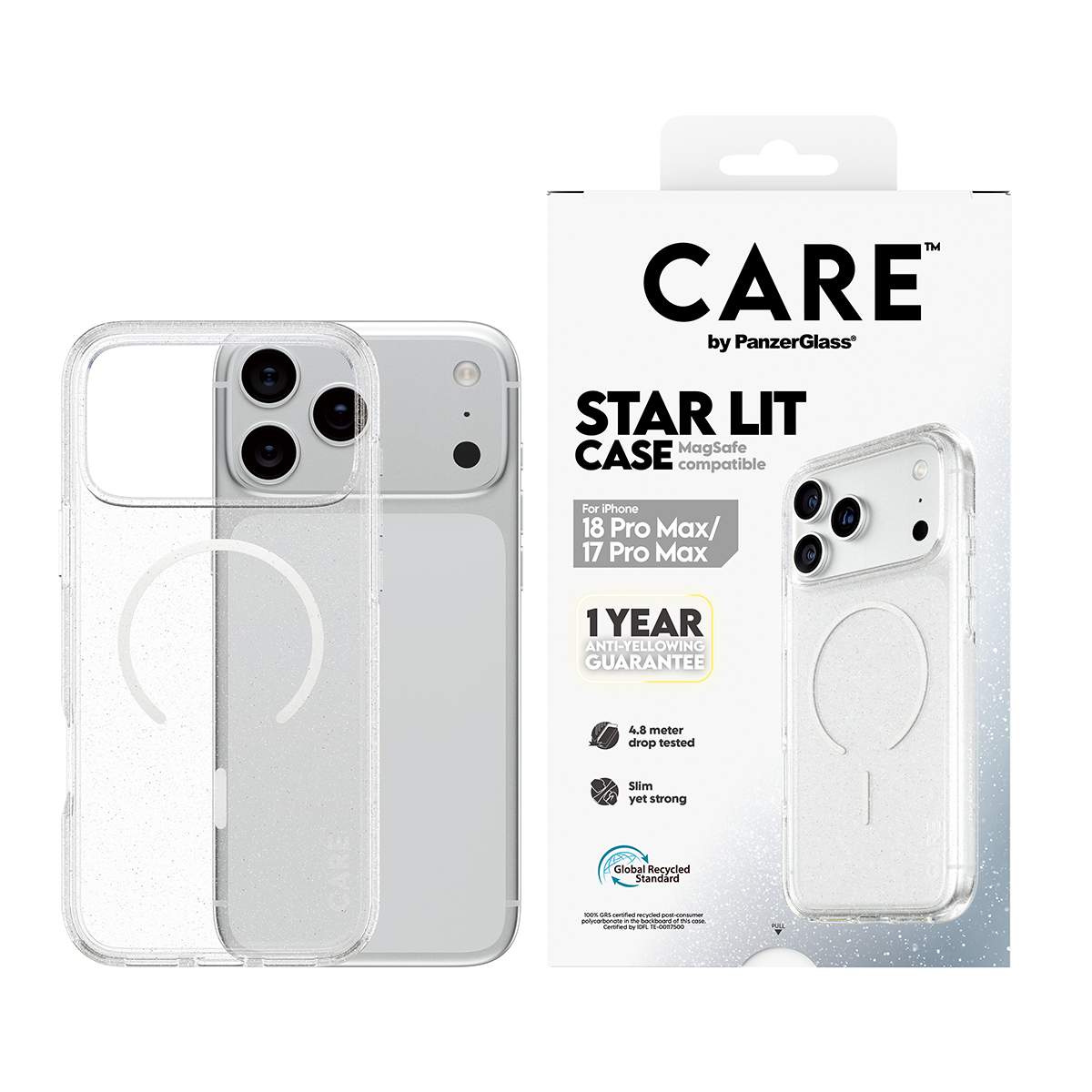 PanzerGlass marka şeffaf iPhone 18/17 Pro Max koruyucu kılıf, basılı ürün ambalajının yanında.