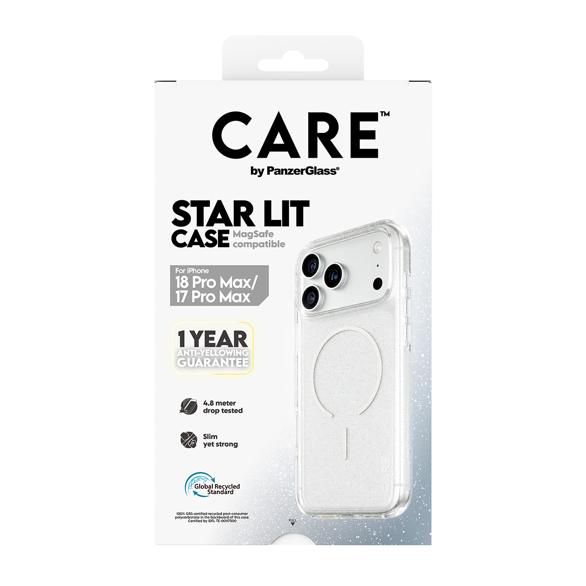 Şeffaf tasarımı ve garanti simgeleriyle iPhone Pro Max için Care by PanzerGlass Star Lit Case ambalajı.