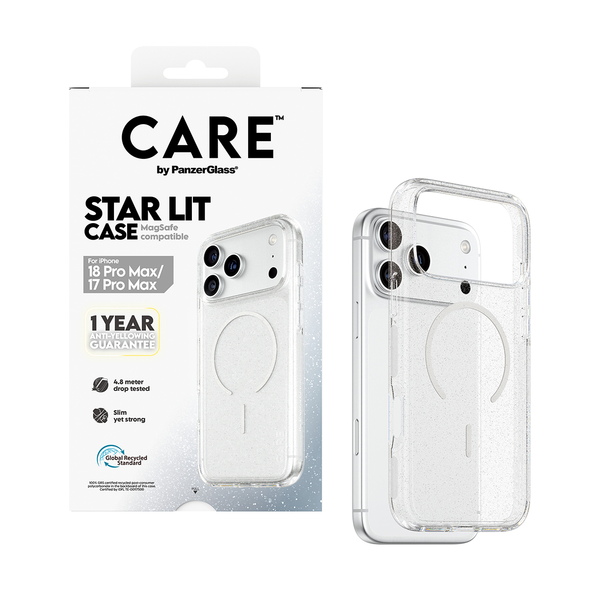 iPhone için ambalajında CARE Star Lit telefon kılıfı, simli şeffaf ve MagSafe destekli.