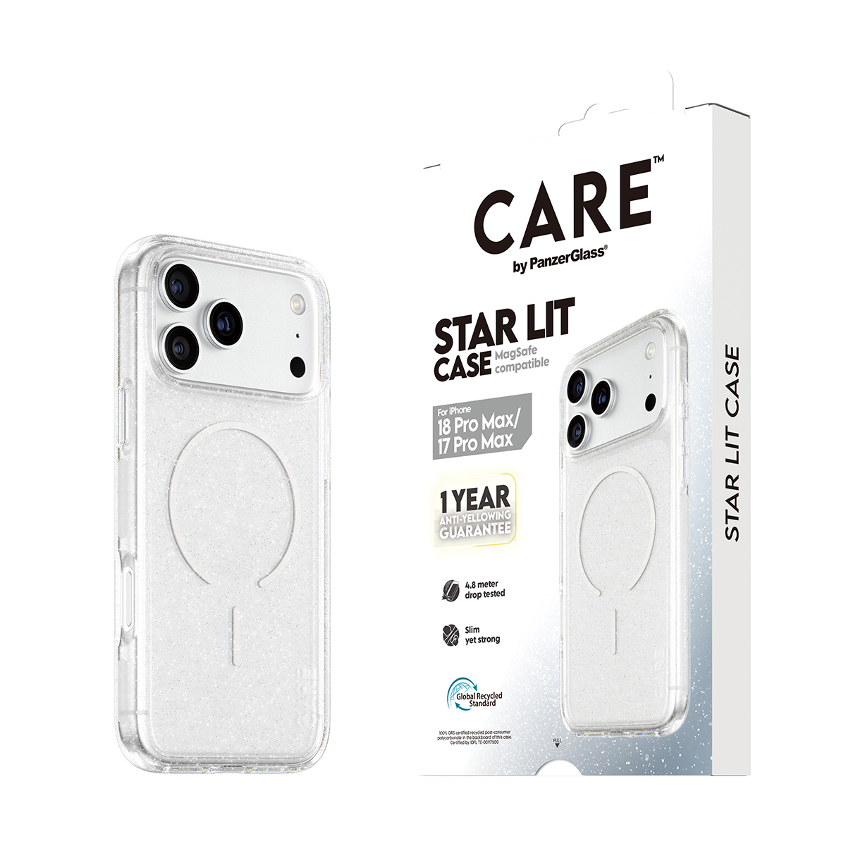 CARE by PanzerGlass yazılı ürün ambalajının yanında şeffaf MagSafe telefon kılıfı.
