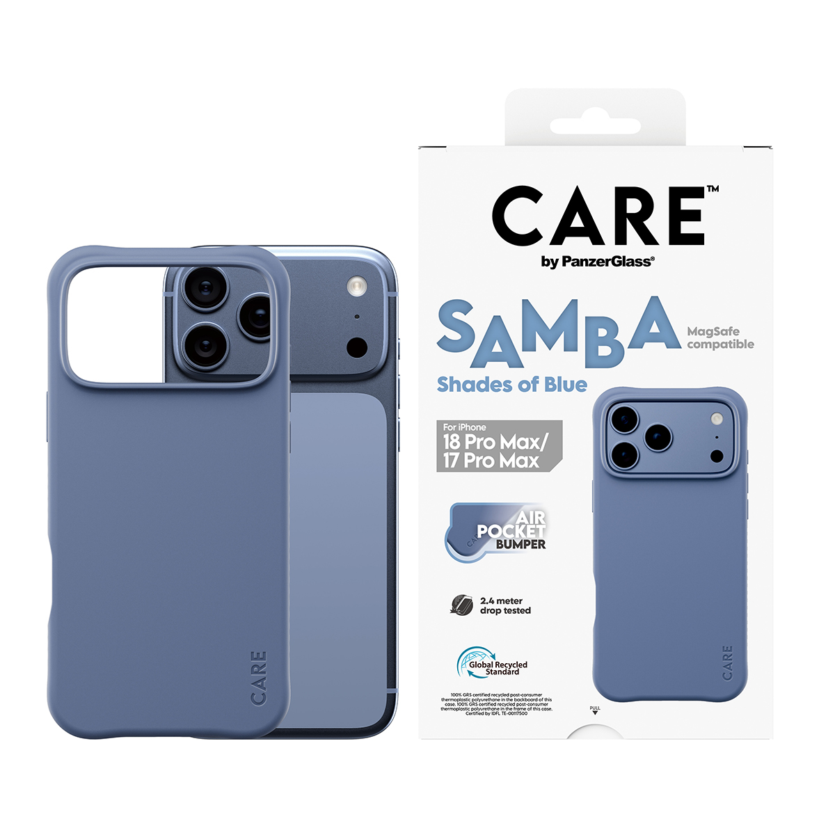 iPhone 18/17 Pro Max için PanzerGlass'tan mavi Care akıllı telefon kılıfı ambalajında.