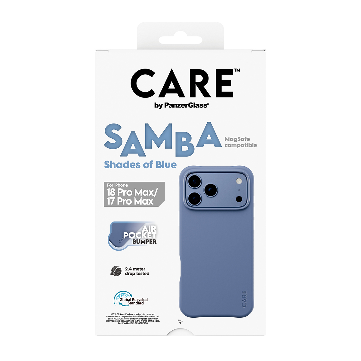 Air Pocket Bumper'lı iPhone 18 Pro Max için mavi CARE by PanzerGlass Samba telefon kılıfı ambalajı.