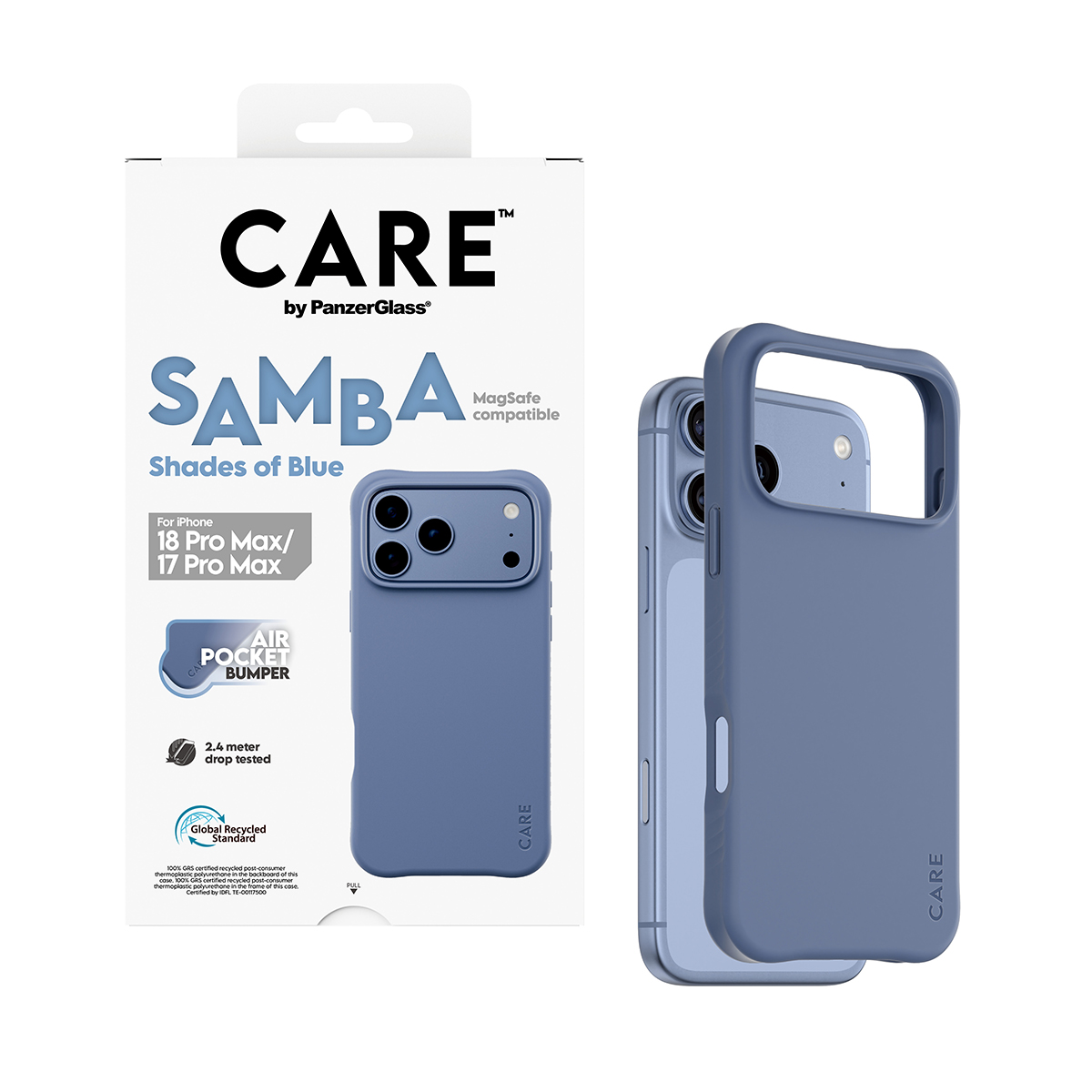 Ambalajında iPhone için mavi CARE telefon kılıfı.