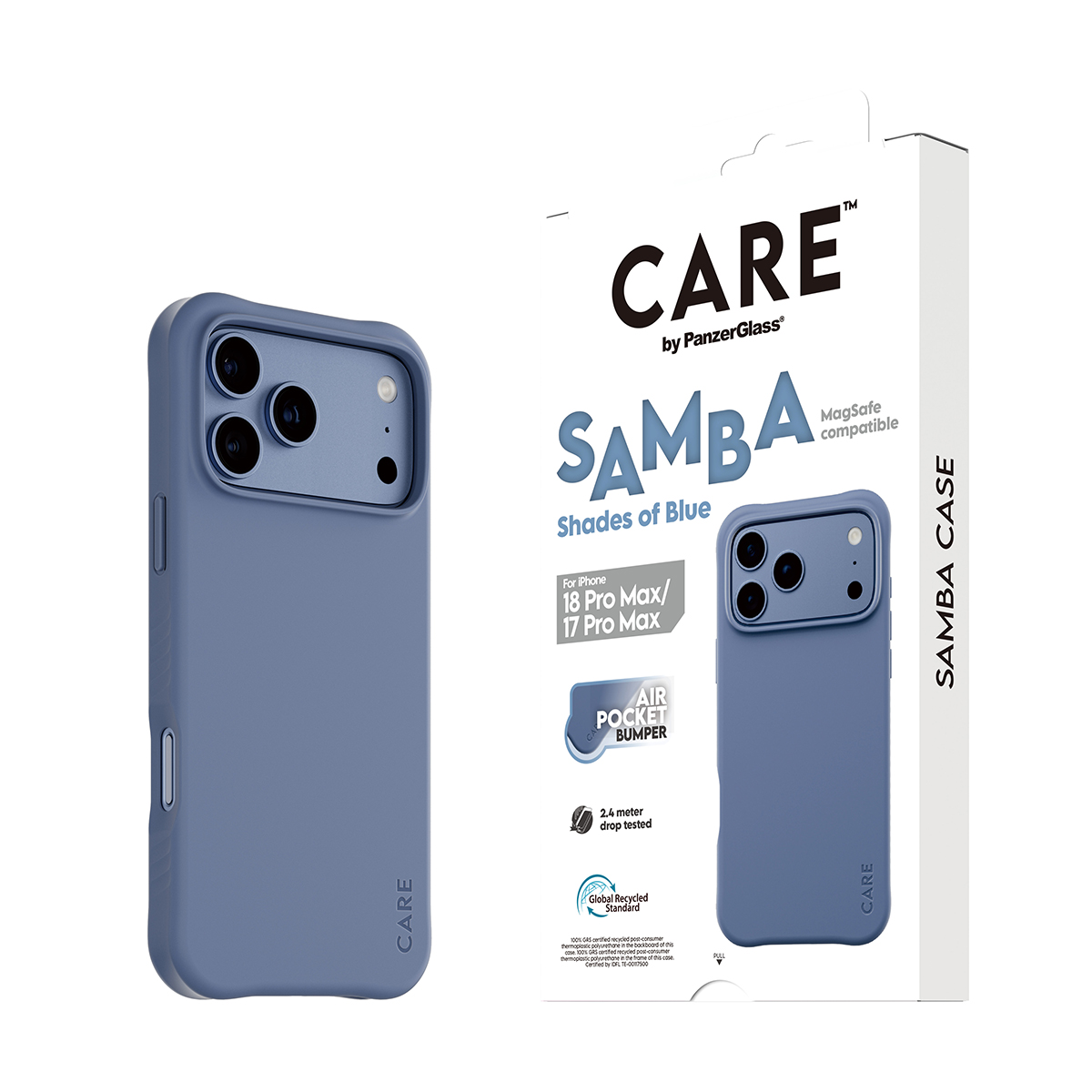 Ambalajı ile birlikte mavi PanzerGlass CARE Samba telefon kılıfı.
