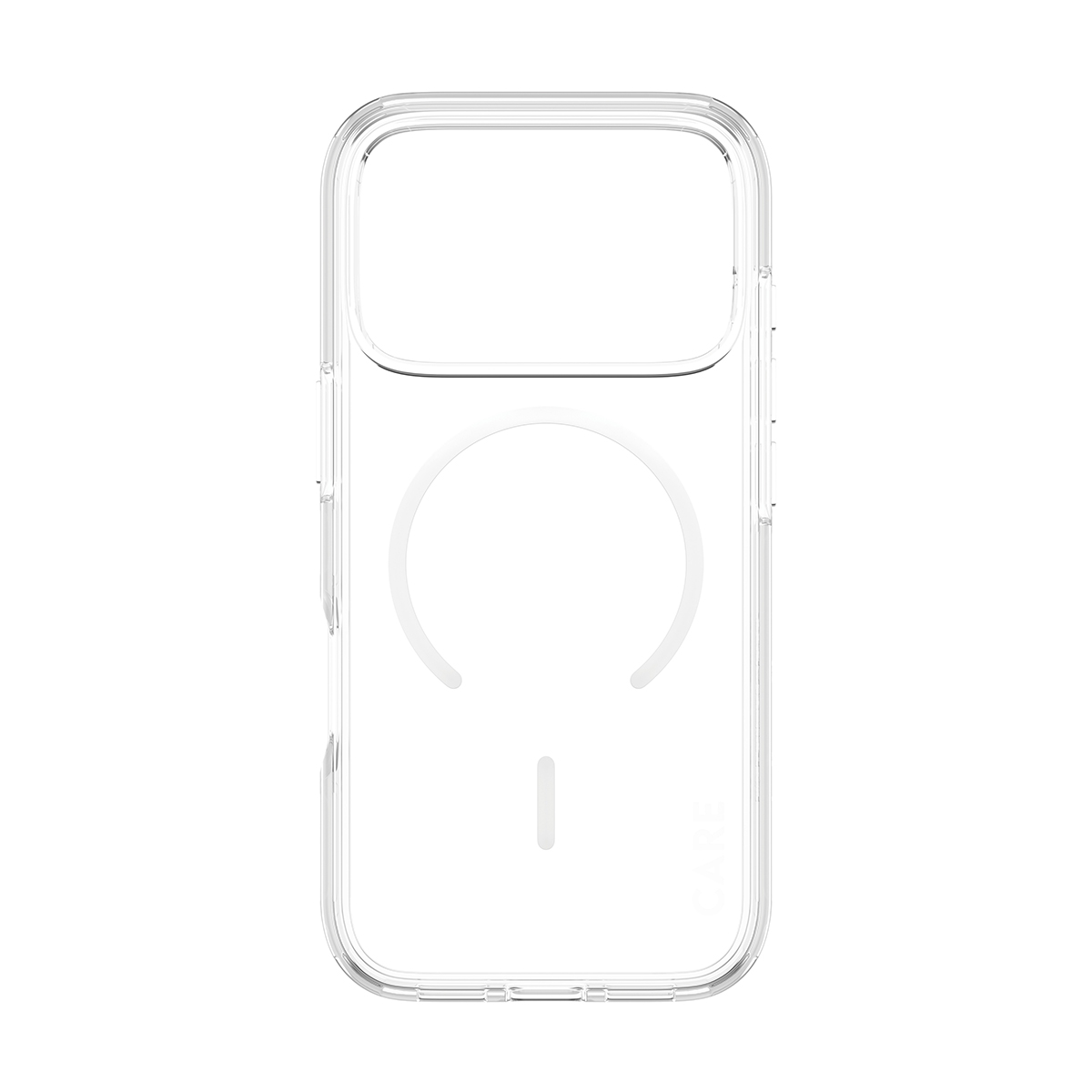 Beyaz arka planda entegre MagSafe halkalı şeffaf telefon kılıfı.