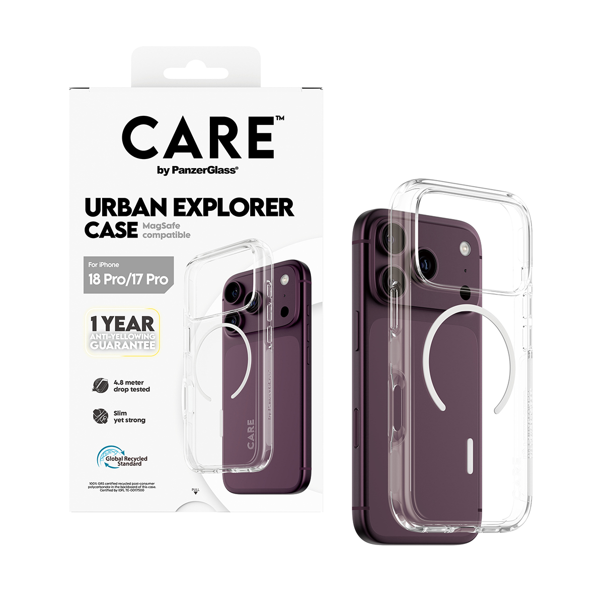 Mor iPhone ve şeffaf kılıfın gösterildiği CARE Urban Explorer MagSafe telefon kılıfı ambalajı.