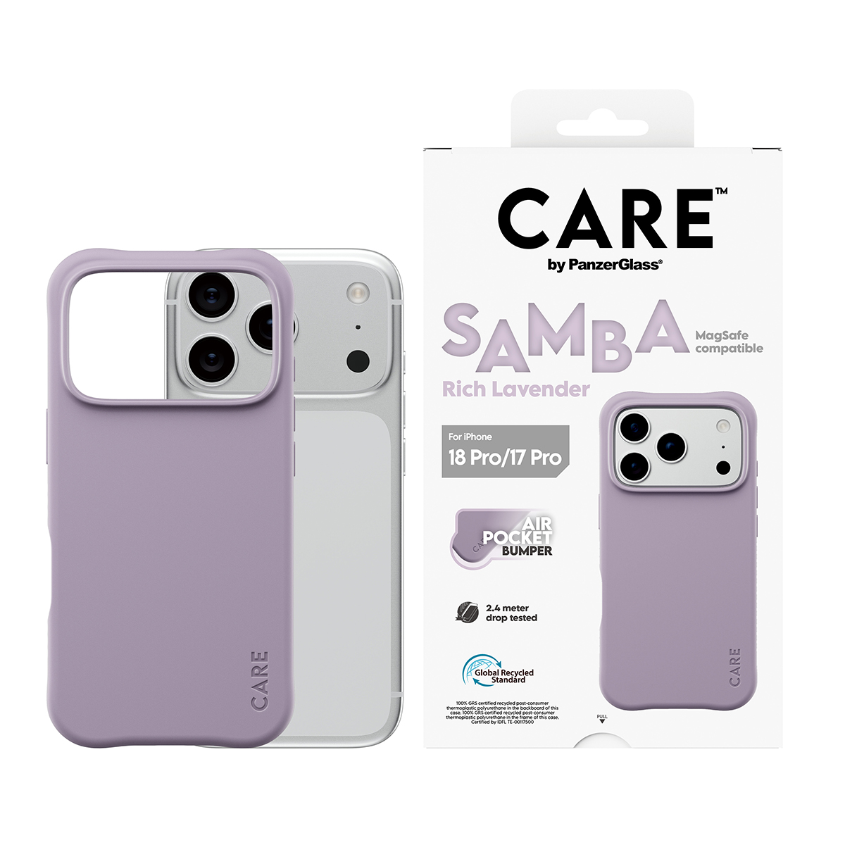 CARE by PanzerGlass ambalajlı mor iPhone koruyucu kılıf.