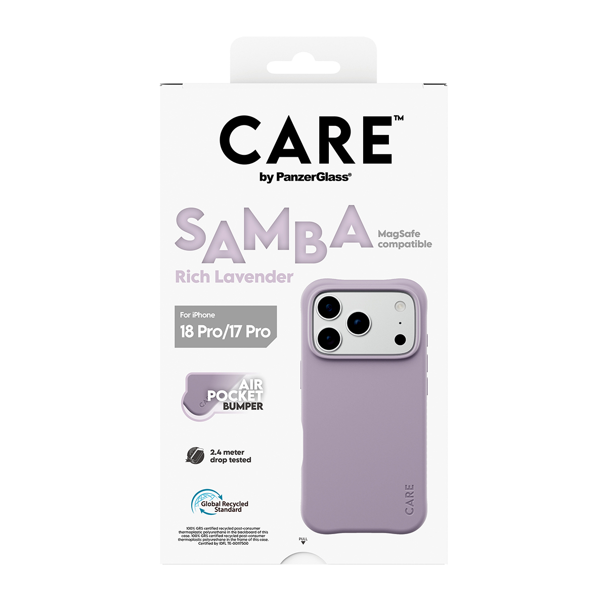 iPhone için CARE by PanzerGlass Samba Rich Lavender telefon kılıfı, beyaz ambalajında.