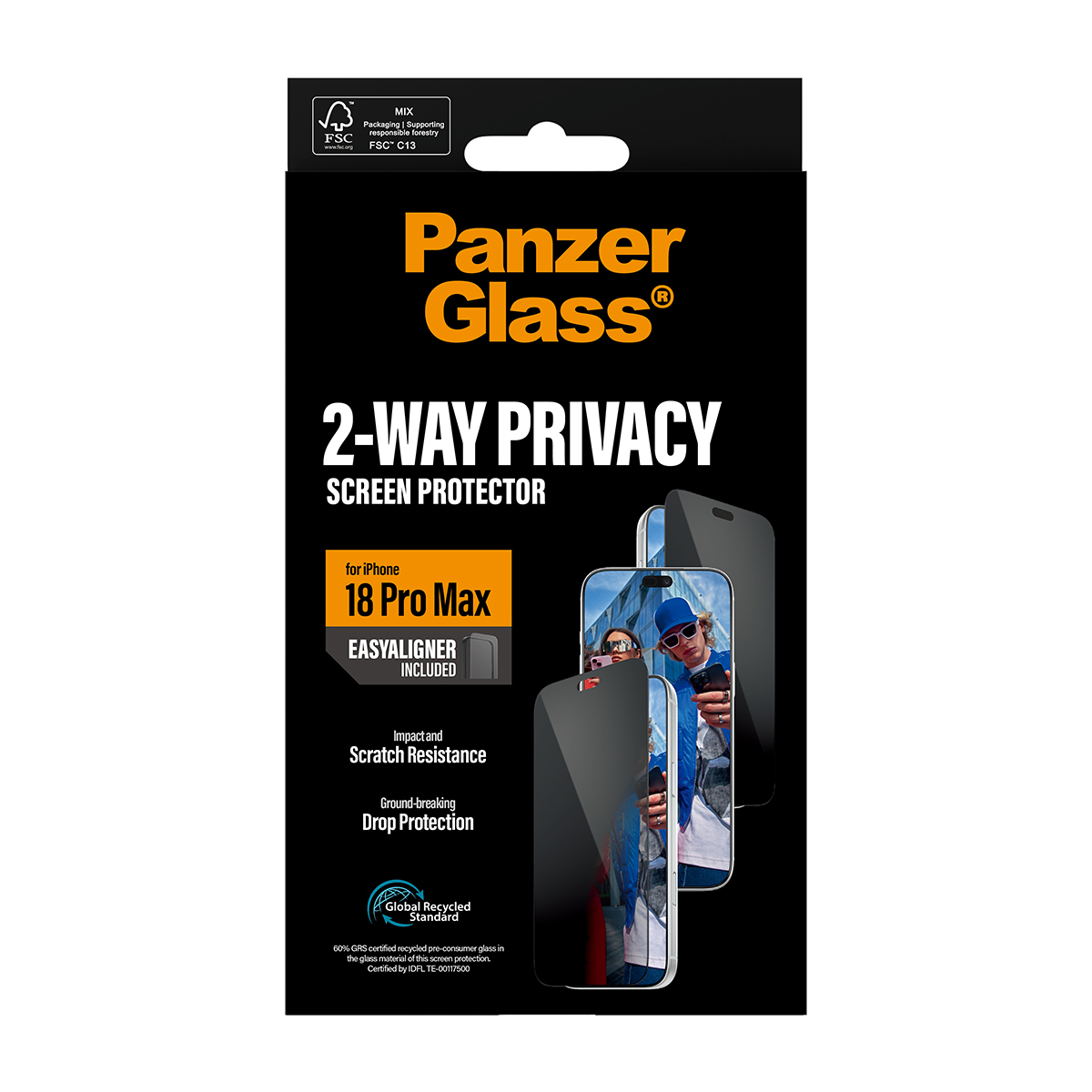 iPhone 18 Pro Max için PanzerGlass 2-Way Privacy ekran koruyucu ambalajı.