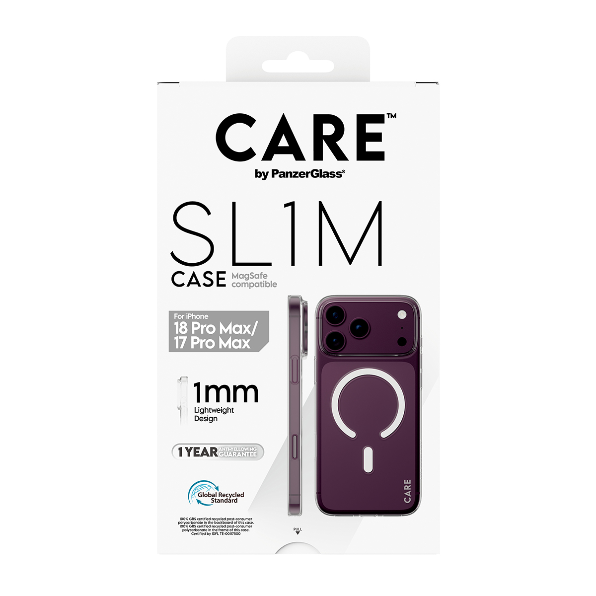 Mor akıllı telefon görseline sahip CARE Slim iPhone kılıfı için beyaz ürün ambalajı.