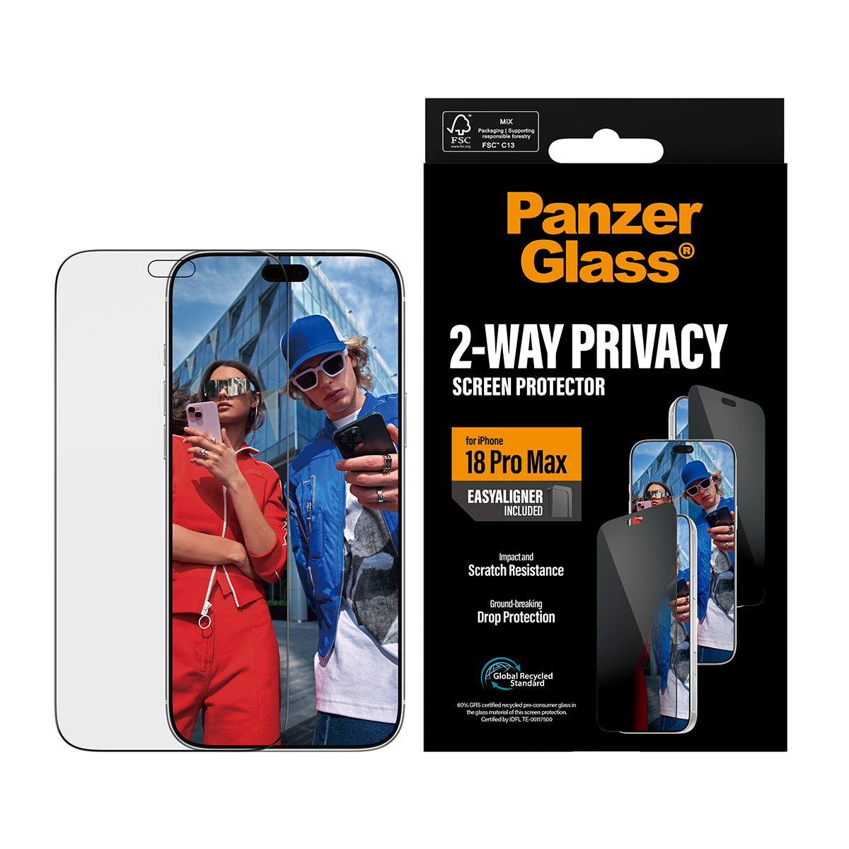 iPhone 18 Pro Max için PanzerGlass çift yönlü gizlilik ekran koruyucusu.