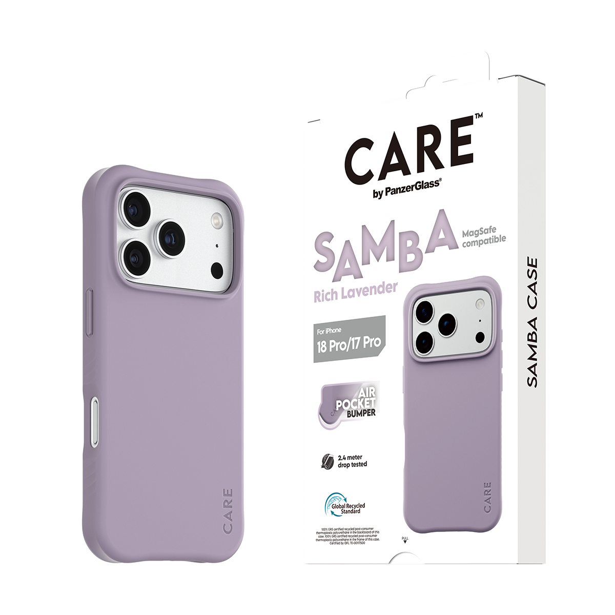 CARE markasına ait lavanta rengi telefon kılıfı ve kutusu.