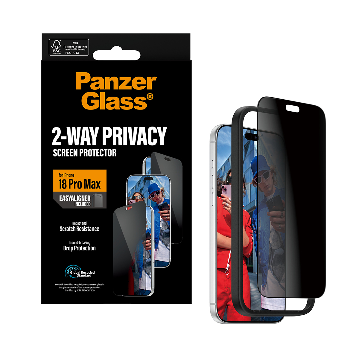 PanzerGlass 2 yönlü gizlilik ekran koruyucu kutusu ve koyu ekran filtreli telefon aksesuarı.