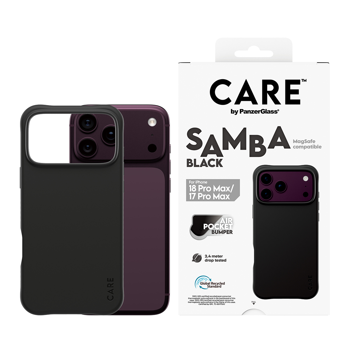 Ambalajıyla birlikte iPhone için siyah Care by PanzerGlass Samba telefon kılıfı.