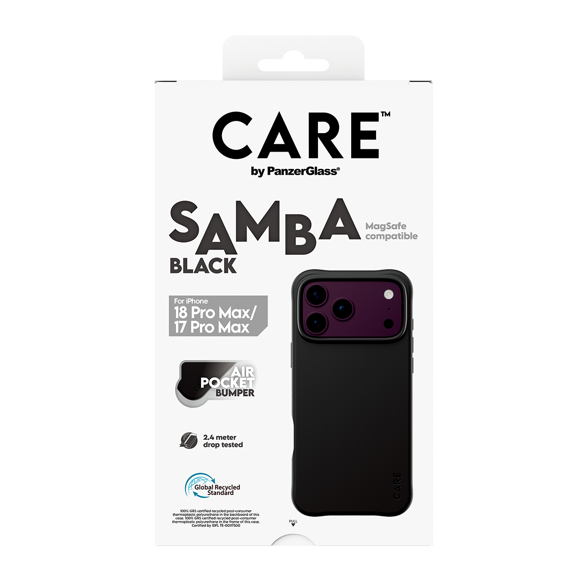Ambalajında iPhone 18/17 Pro Max için Care by PanzerGlass Samba Siyah telefon kılıfı.