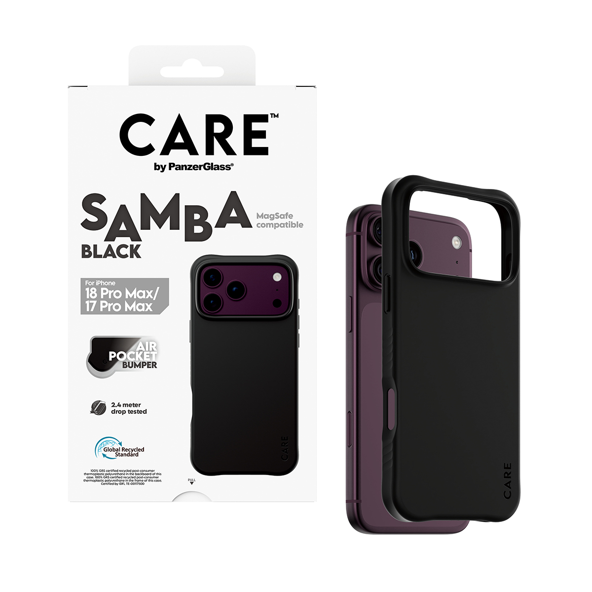 Ambalaj içinde iPhone için siyah Care by PanzerGlass Samba telefon kılıfı.