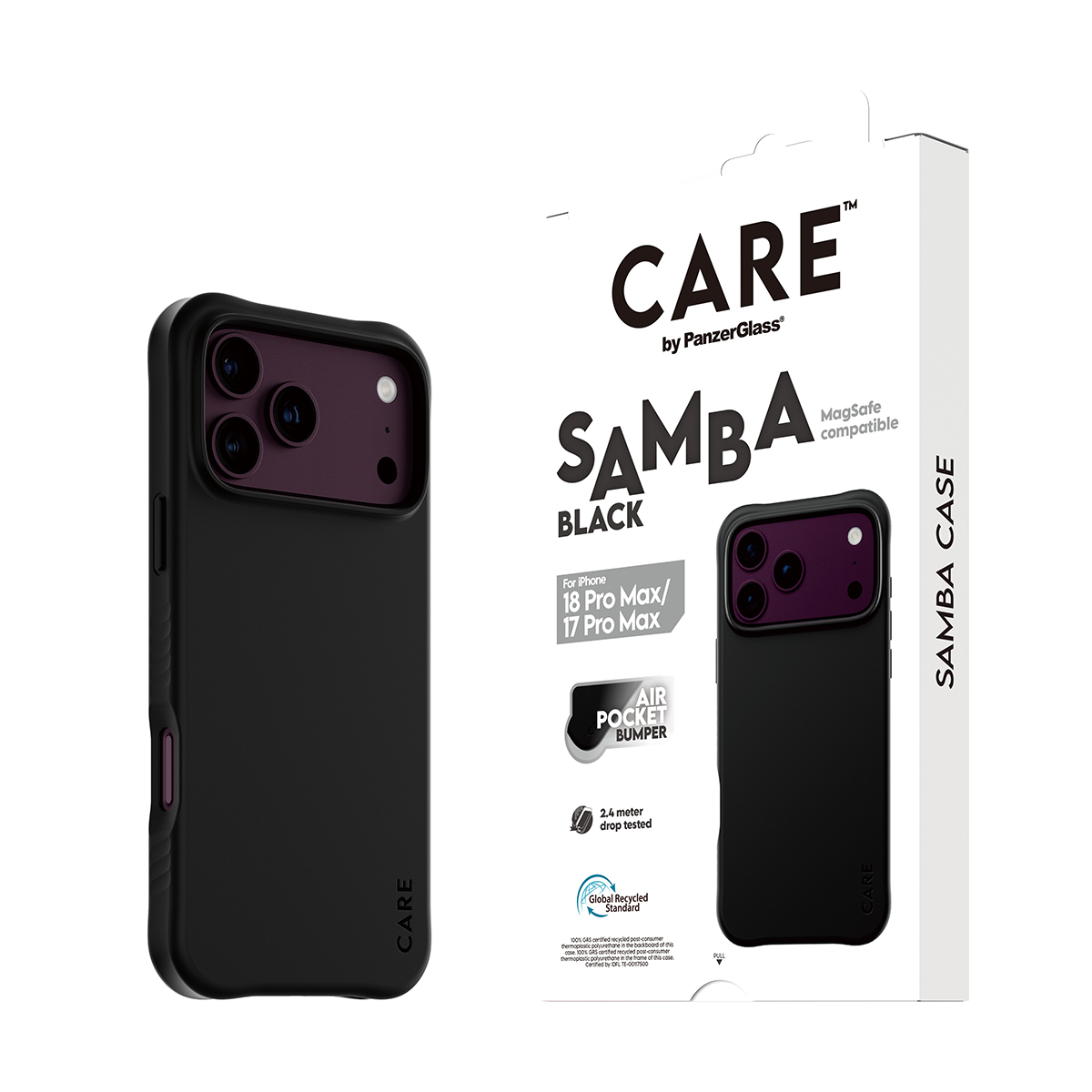 Beyaz ambalaj kutusunun yanında siyah bir Care by PanzerGlass Samba telefon kılıfı.