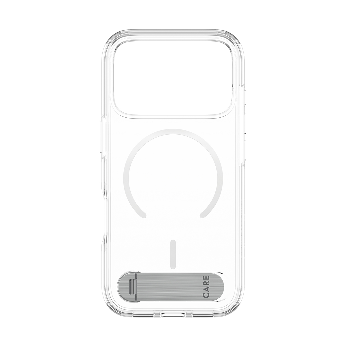 Manyetik halkalı ve altında CARE yazan metal standlı şeffaf telefon kılıfı.