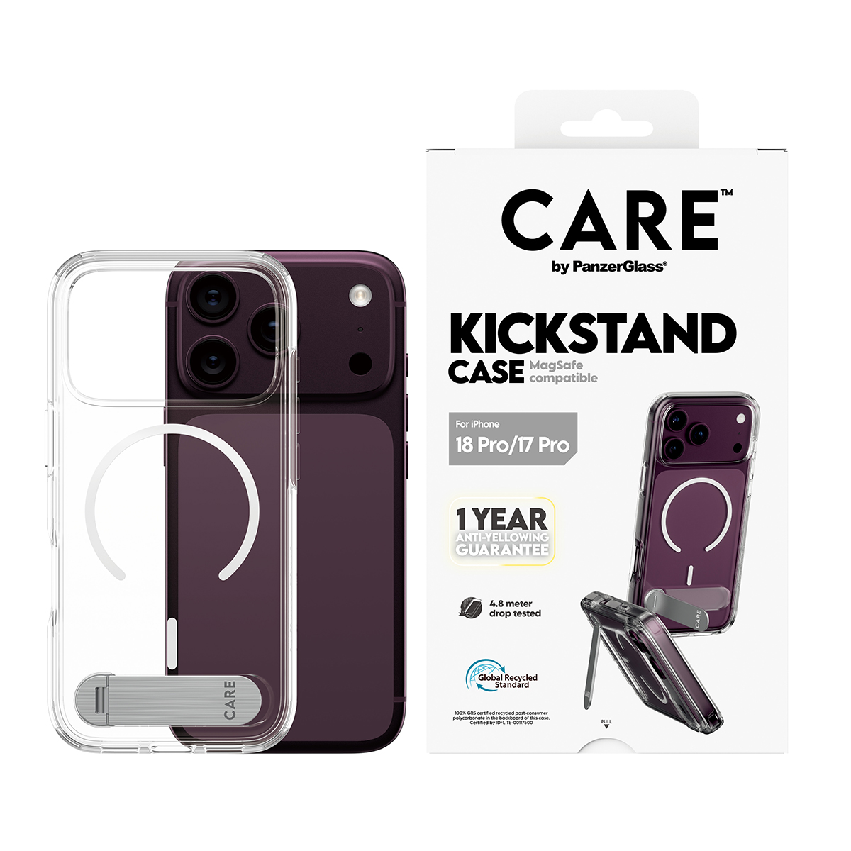 Ambalajının yanında yerleşik standa sahip şeffaf bir iPhone kılıfı.