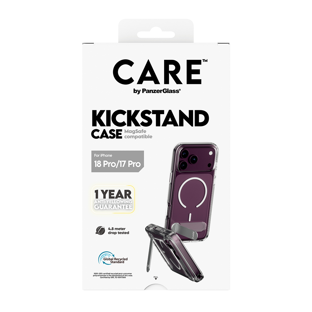 Dahili standlı iPhone 18 Pro/17 Pro için CARE by PanzerGlass Kickstand Kılıf ambalajı.