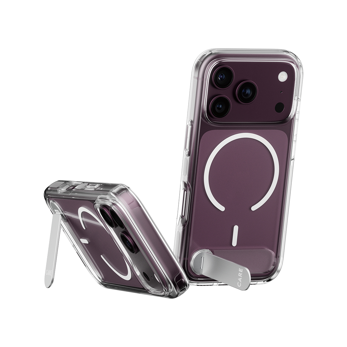 Beyaz arka planda yerleşik gümüş destek çubuklarına sahip şeffaf kılıflı iki mor akıllı telefon.