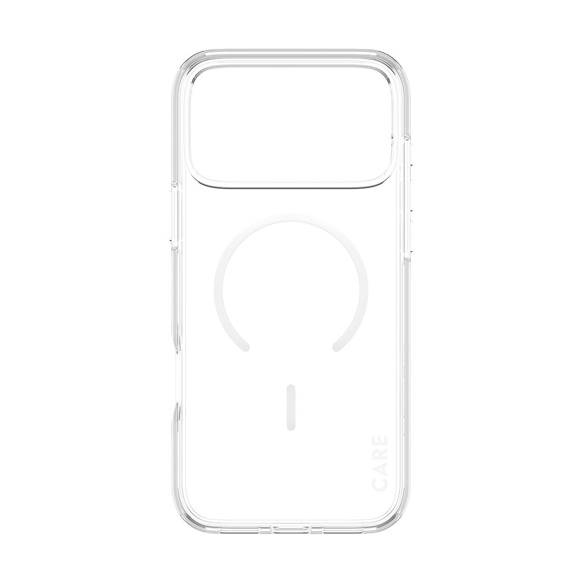 Beyaz arka planda MagSafe halkası ve kamera kesimi olan şeffaf telefon kılıfı.