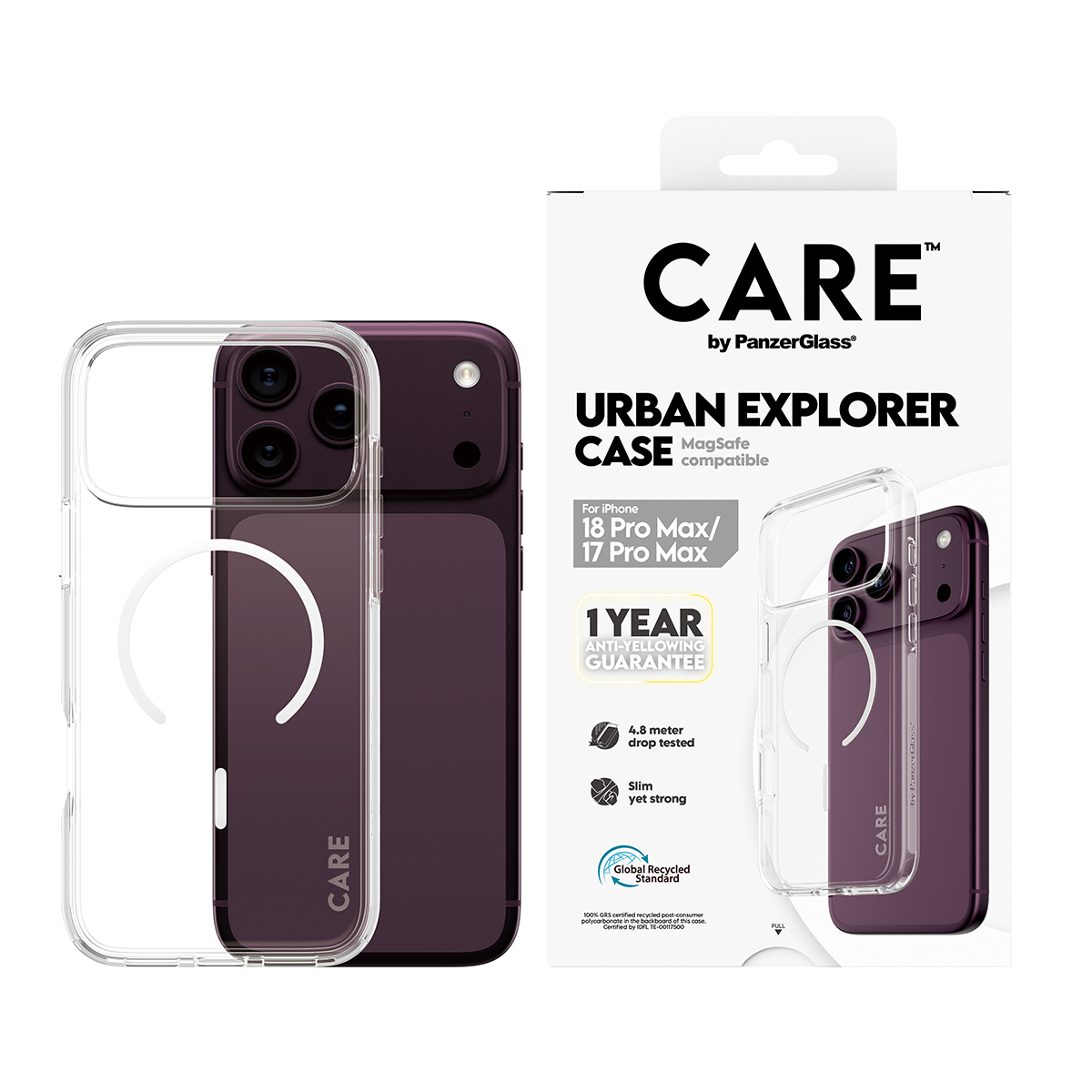 Şeffaf MagSafe kılıflı mor iPhone ve CARE by PanzerGlass beyaz ürün ambalajı.