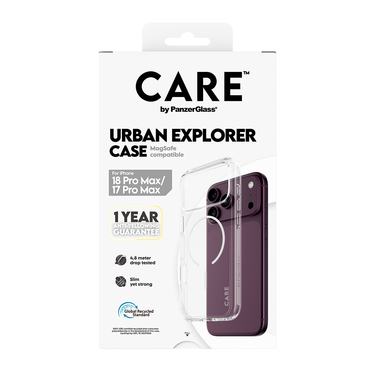 Mor bir telefon ve şeffaf MagSafe kılıf gösteren CARE Urban Explorer telefon kılıfı ambalajı.
