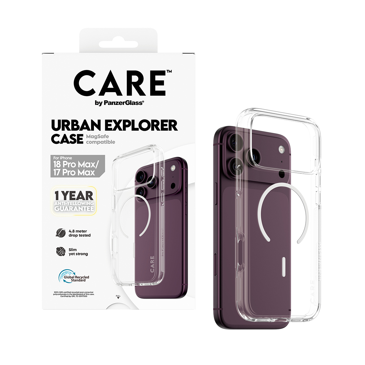Ambalajlı iPhone için CARE Urban Explorer MagSafe koruyucu kılıf.