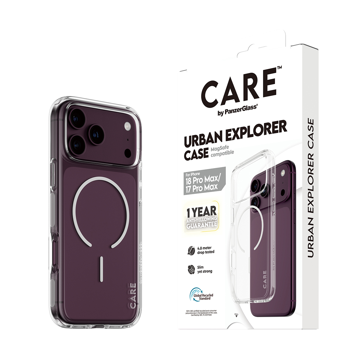 Koyu renkli ambalajlı iPhone için CARE Urban Explorer MagSafe koruyucu kılıf.